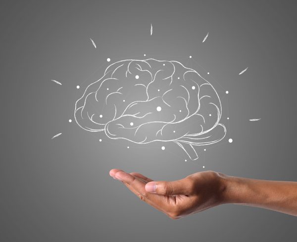 brain writes with white chalk is on hand draw concept