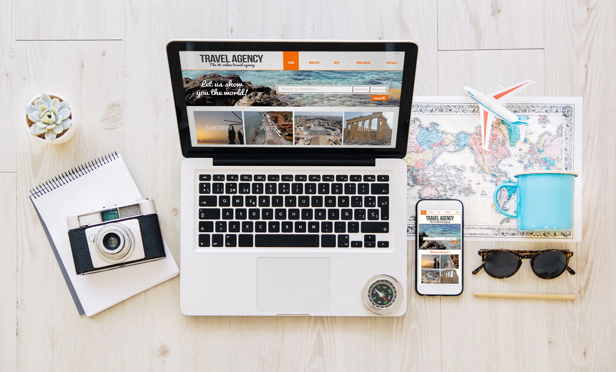 mobile and laptop with travel agency responsive website search